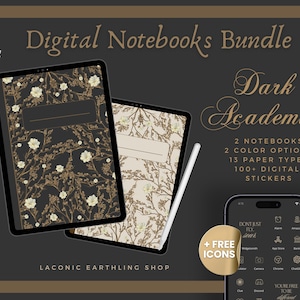 Puede incluir: Paquete de cuadernos digitales con un tema de academia oscura. El paquete incluye dos cuadernos, dos opciones de color, 13 tipos de papel y más de 100 pegatinas digitales. Los cuadernos presentan un diseño floral con flores blancas y ramas doradas sobre un fondo negro.