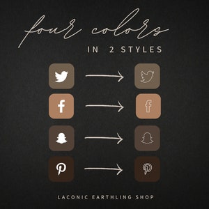 K&ouml;nnte beinhalten: Auf dunklem Hintergrund werden Social-Media-Icons in zwei Stilen und vier Farben angezeigt. Die Icons umfassen Twitter, Facebook, Snapchat und Pinterest. Der Text "four colors in 2 styles" steht oben und "LACONIC EARTHLING SHOP" unten.