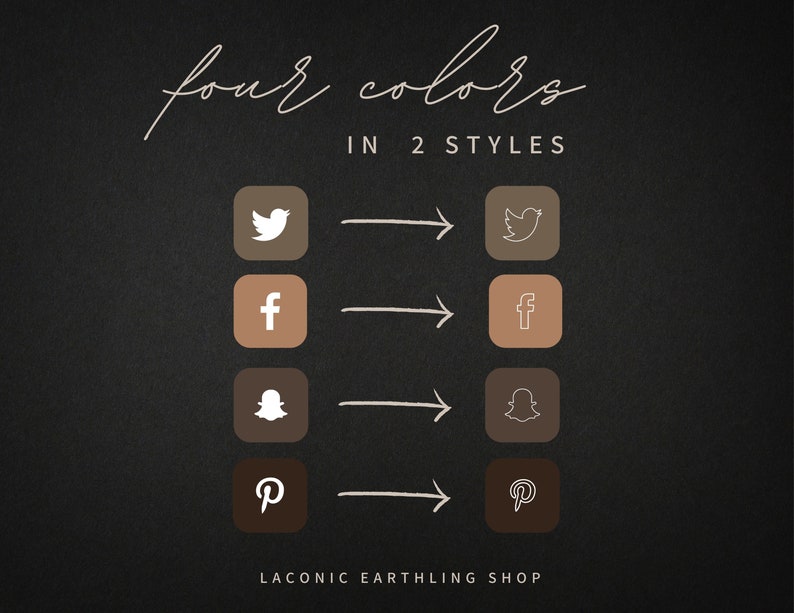 K&ouml;nnte beinhalten: Auf dunklem Hintergrund werden Social-Media-Icons in zwei Stilen und vier Farben angezeigt. Die Icons umfassen Twitter, Facebook, Snapchat und Pinterest. Der Text "four colors in 2 styles" steht oben und "LACONIC EARTHLING SHOP" unten.