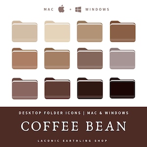 May include: Twelve desktop folder icons in shades of brown, from light beige to dark coffee. The icons are arranged in three rows of four, with a simple, flat design. The text "COFFEE BEAN" is displayed below the icons, along with "MAC & WINDOWS".