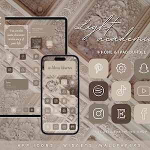 May include: A digital product bundle for iPhone and iPad, featuring app icons, widgets, and wallpapers in a light academia theme. The image shows a tablet and phone with custom icons, and the text "Light academia" and "1,200+ icons".