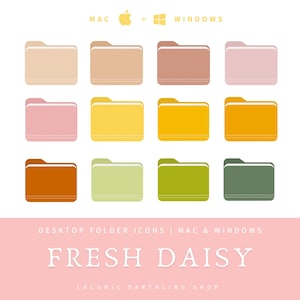 Puede incluir: Doce iconos de carpetas de escritorio en colores pastel, dispuestos en tres filas de cuatro. Los iconos presentan un diseño sencillo en tonos beige, rosa, amarillo y verde. El texto "FRESH DAISY" se muestra debajo de los iconos.
