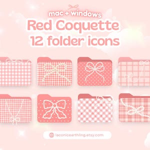 Op de afbeelding: Roze digitale mapiconen met strik- en ruitpatronen. De tekst bovenaan luidt "Red Coquette 12 folder icons" en "mac + windows". De Etsy shopnaam staat onderaan.