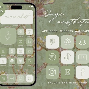 Op de afbeelding: Een smartphone scherm met een minimalistisch saliegroen esthetisch thema. Het toont app-iconen, widgets en wallpapers. Tekst bevat "Sage aesthetic" en "1,200+ icons". De achtergrond heeft een bloemenontwerp.