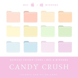 Puede incluir: Una colección de doce iconos de carpetas de escritorio en colores pastel en tonos rosa, melocotón, amarillo, verde y azul. La imagen incluye el texto "CANDY CRUSH" y "MAC + WINDOWS".