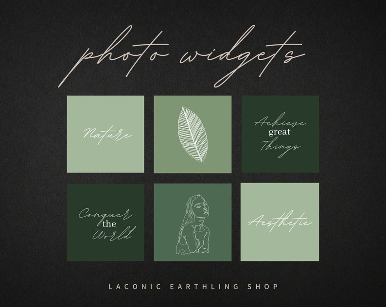 Op de afbeelding: Esthetische fotowidgets in groen- en donkergroentinten, met witte scripttekst en lijntekeningen. De tekst bevat "Nature", "Achieve great things", "Conquer the World" en "Aesthetic". De winkelnaam "LACONIC EARTHLING SHOP" staat onderaan.