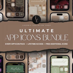 May include: A promotional image showcasing a collection of smartphone app icons. The image features multiple phone screens displaying various app icon designs with a minimalist aesthetic. Text on the image reads "ULTIMATE APP ICONS BUNDLE" and "EVERY APP ICON PACK + LIFETIME ACCESS + FREE ADDITIONAL ICONS."