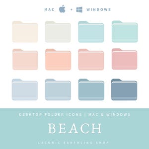 May include: A collection of twelve pastel-colored desktop folder icons for Mac and Windows. The folders are in shades of beige, gray, blue, and pink. The word "BEACH" is displayed in white text on a teal background.
