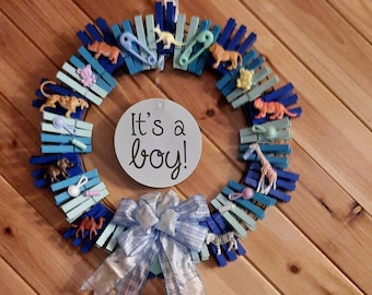 It's A Boy Zoo Animals Clothespin Wreath