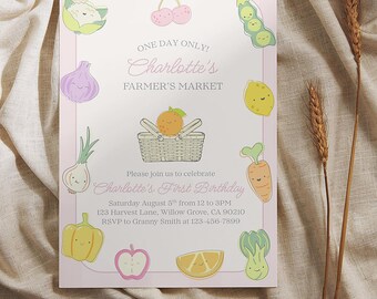 Bewerkbare uitnodiging voor boerenmarkt | Groente- en fruitverjaardagsfeestje, kinderfeestje, babyshower, uitnodigingssjabloon vrijgezellenfeest