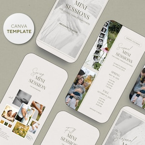 May include: A digital marketing template for a photography business. The template features a light gray background with a white border. The text "Mini Sessions" is written in a black sans-serif font. The text "For Lovers, Families & Mothers" is written in a smaller black sans-serif font. The text "Message to Book" is written in a black sans-serif font. The template also features a calendar with dates and times for spring and fall mini sessions. The text "Seasonal Mini Sessions" is written in a black sans-serif font. The text "For Lovers, Families & Mothers" is written in a smaller black sans-serif font. The text "20 Minute Session | 20+ Photos | $175" is written in a smaller black sans-serif font. The text "Spring" is written in a black sans-serif font. The text "May 18, 2025" is written in a black sans-serif font. The text "5:30 PM | 6:00 PM | 8:30 PM | 7:00 PM" is written in a black sans-serif font. The text "Fall" is written in a black sans-serif font. The text "October 19, 2025" is written in a black sans-serif font. The text "4:30 PM | 5:00 PM | 5:30 PM | 6:00 PM" is written in a black sans-serif font. The text "Message to Book" is written in a black sans-serif font.