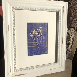 Winter&#39;s Golden Blues - Pressed and Dried Winter White Flowers in Vintage White Distressed Wood Frame