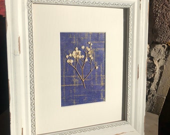 Winter's Golden Blues - Pressed and Dried Winter White Flowers in Vintage White Distressed Wood Frame