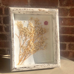 North Star - Pressed and Dried Winter White and Pink Flowers in Vintage White Distressed Wood Frame