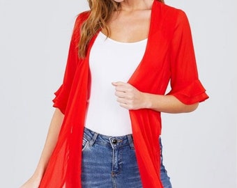 Red wraparound long sleeve kimono tunic