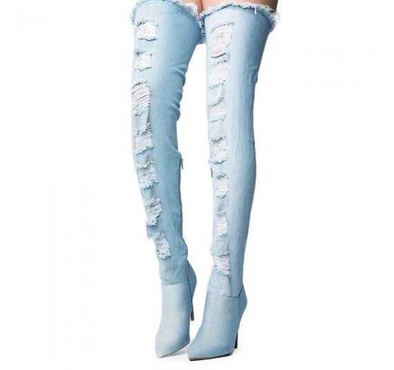 denim knee high boots