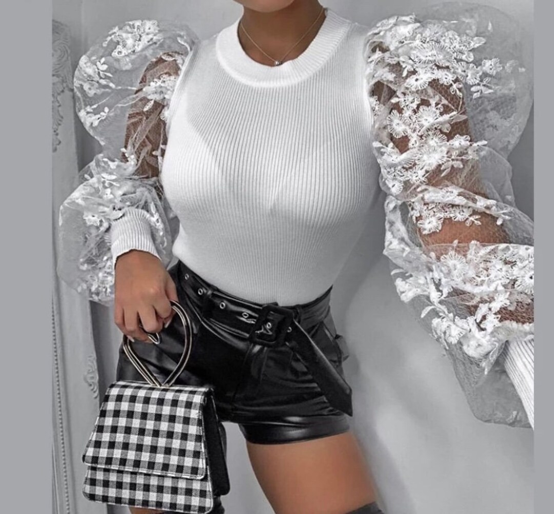 Women White Dressy Puff Pedal Lace Blouse - Etsy