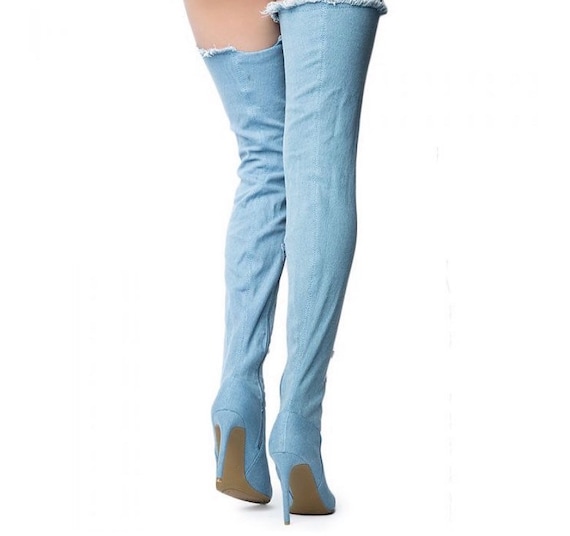 denim knee high boots