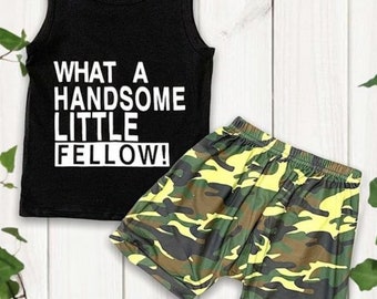 Boys black t-shirt "what a handsome fellow" outfit set