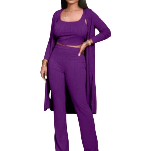 Women three-piece crop top and cardigan purple pants set outfit..