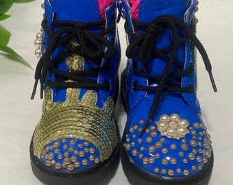 Custom size 10 boots girls blue bedazzled one of a kind with sequence