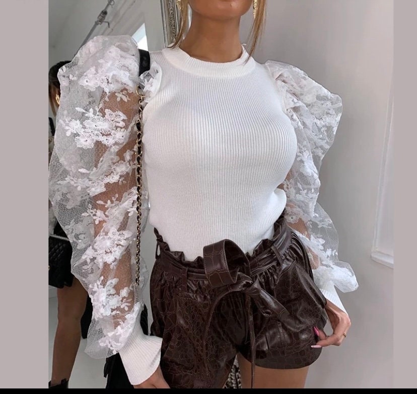 Women White Dressy Puff Pedal Lace Blouse Etsy