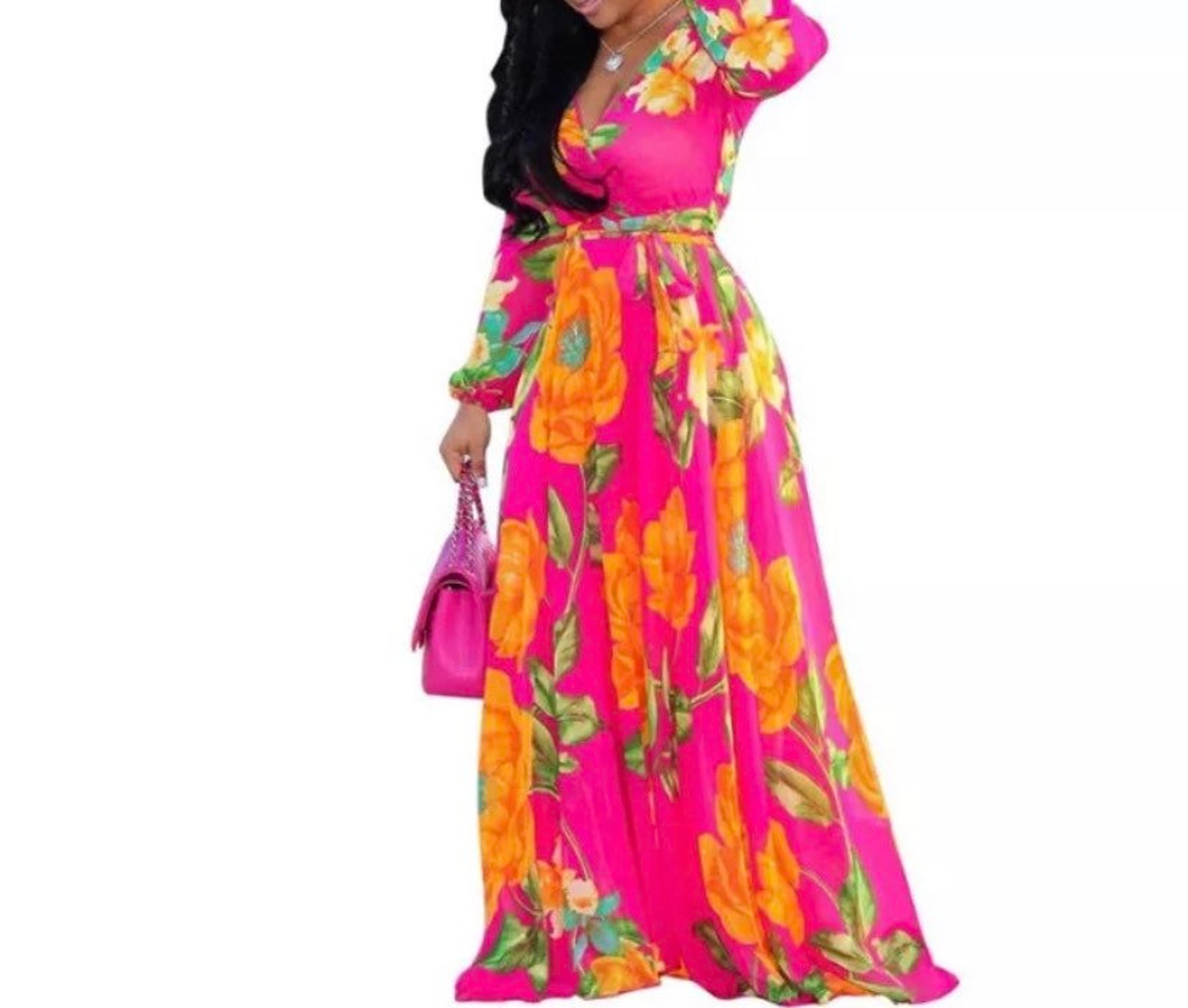 Long Floral Design Dress Etsy