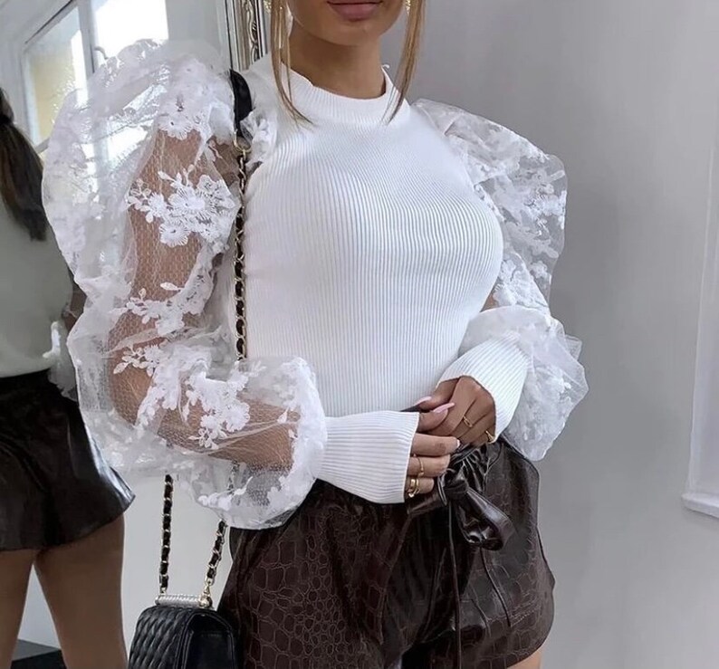 Women White Dressy Puff Pedal Lace Blouse Etsy