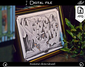 A magical Christmas. Illustration - Village. Digital download. Witch, Nursery decor, magic school, gift.