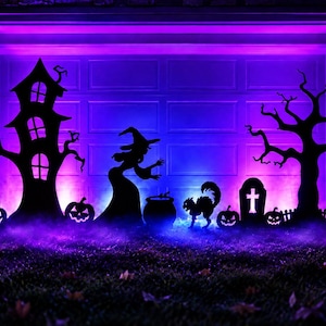 May include: A Halloween garage door decoration set featuring black silhouettes of a haunted house, a witch, a cauldron, a cat, pumpkins, a tombstone, and a bare tree, all illuminated by vibrant purple lighting against a dark outdoor setting.