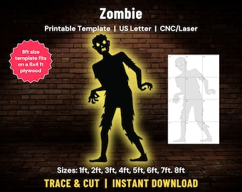 Puede incluir: Silueta negra de un zombi con reflejos amarillos, plantilla imprimible para corte CNC/Láser. La imagen incluye el texto "Zombie" y "Trace & Cut | Instant Download". Tamaños de 30 cm a 244 cm.