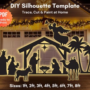 May include: DIY silhouette template for a nativity scene, with silhouettes of the holy family, wise men, a donkey, and a camel. The template includes sizes from 30cm to 244cm, with the text "Trace, Cut & Paint at Home".