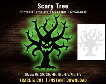 May include: A black silhouette of a spooky tree with a glowing green outline and a scary face. The text "Scary Tree" is at the top, with "Printable Template" and size options listed below. The sizes range from 1 foot to 8 feet.