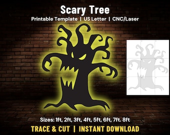 May include: A black silhouette of a scary tree with glowing yellow eyes and a menacing expression. The image includes the text "Scary Tree" and "Printable Template." Sizes range from 1 foot to 8 feet. The design is for CNC/Laser cutting.