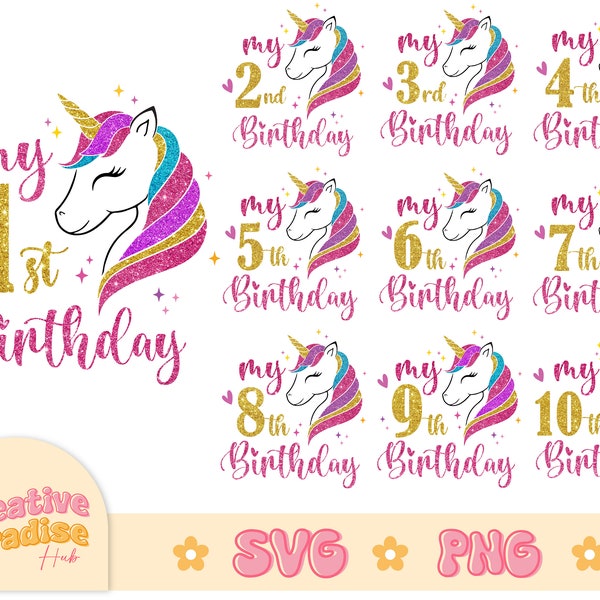 Unicorn Birthday Girl Svg Bundle, Unicorn Birthday Shirt Svg, Birthday Cricut Cut Files, It's My Birthday Svg, Girl Birthday Shirt Svg