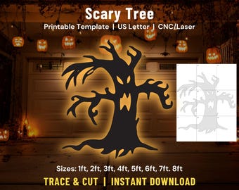 May include: A black silhouette of a scary tree with a face, a printable template for Halloween. The image includes the text "Scary Tree" and size options from 1ft to 8ft. The words "Trace & Cut | Instant Download" are also visible.