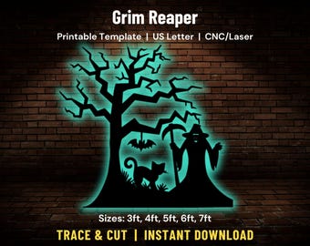 May include: A black Grim Reaper silhouette design with a tree, bat, and cat, suitable for CNC laser cutting. The design is available in sizes from 3ft to 7ft. The text "Grim Reaper" and "Trace & Cut | Instant Download" are also visible.