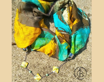 Chiffon Infinity Scarf Necklace with Enamel Rectangles, Enamelled Copper and Green Yellow Textile Scarf Necklace, Mother's day Gift for Mum