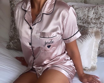 Personalised satin pyjamas, bridesmaid pyjamas, custom pj’s, personalised gift, valentines gift. Sizes UK 6-22 plus size