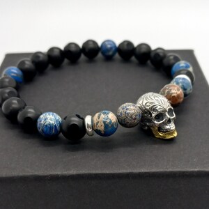 Handmade Natural 8mm Imperial Jasper and Onyx Gemstone Bracelet with 925 Sterling Silver Skull. Free Shipping.