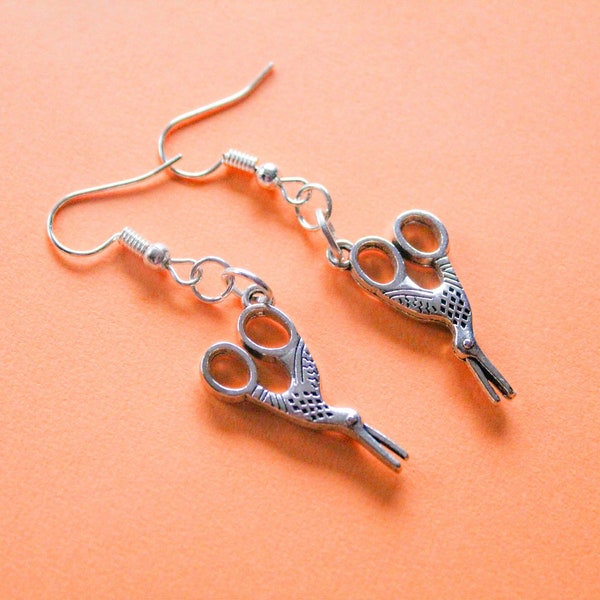 Over the Garden Wall Bird Scissors Earrings, Hypoallergenic OTGW, Handmade Silver Crane Sewing Scissors Earrings