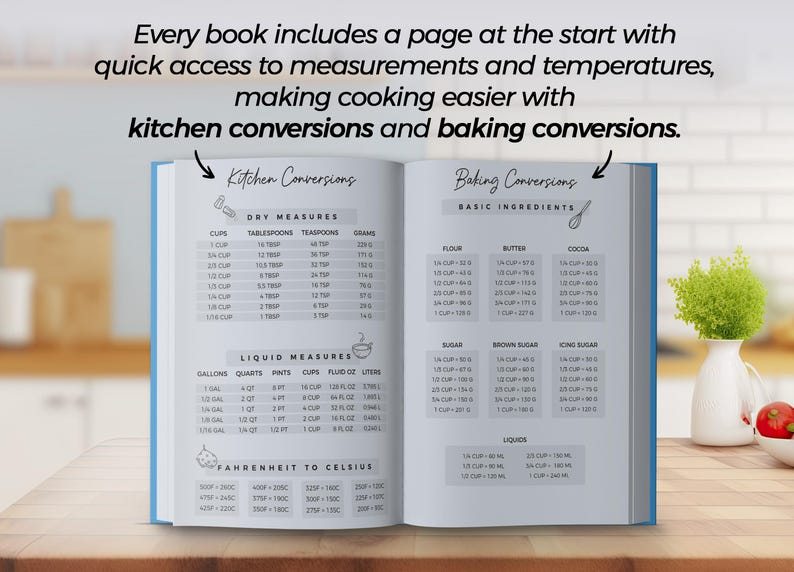 May include: Open cookbook with kitchen and baking conversion charts. Includes dry and liquid measurements, and Fahrenheit to Celsius conversions. The text reads: "Every book includes a page at the start with quick access to measurements and temperatures."