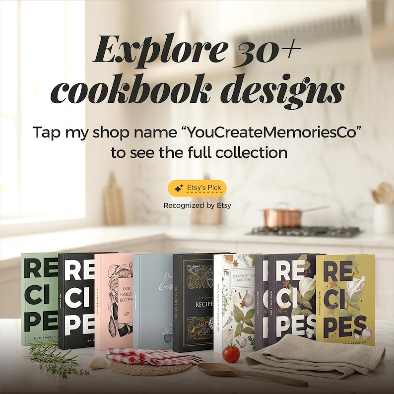 May include: A collection of cookbooks with various designs and colors, including green, black, pink, and blue. The text "Explore 30+ cookbook designs" is displayed at the top. The Etsy's Pick badge is visible.