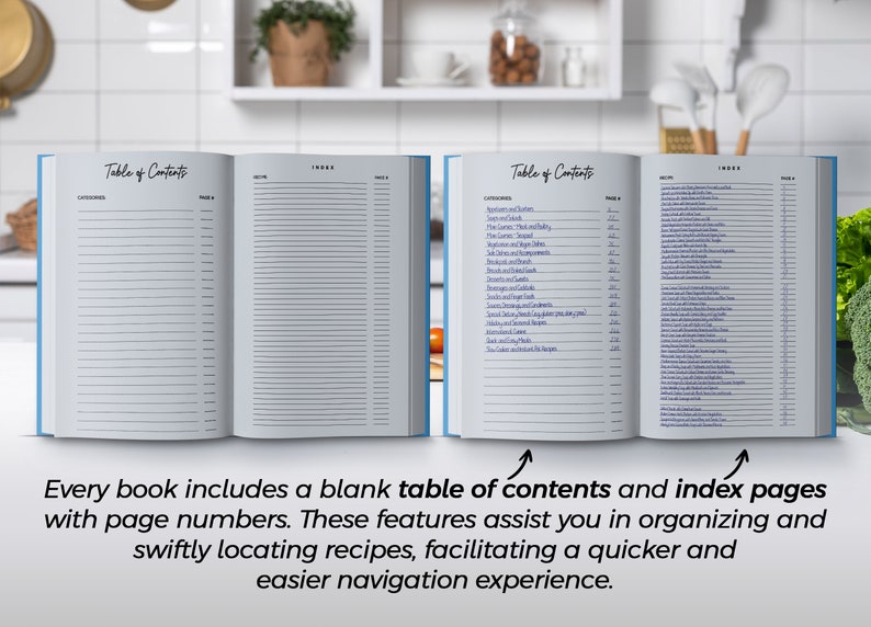 May include: Open cookbook with a blue cover, displaying a table of contents and index pages. The pages are lined and ready for notes. The text reads "Table of Contents" and "Index". The book is designed for organizing recipes.