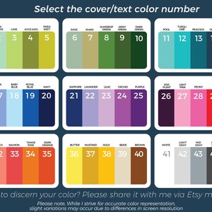 May include: A color chart with 45 numbered color swatches, ranging from green to purple to brown. The text "Select the cover/text color number" is at the top. Additional text at the bottom asks to share color choices via Etsy messages.