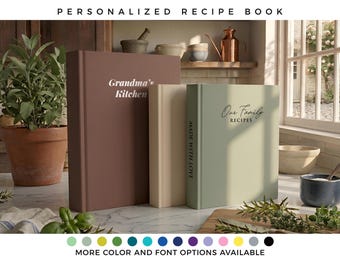 May include: Three hardcover recipe books in brown, cream, and sage green. The brown book features the text Grandma's Kitchen. The sage green book features the text Our Family Recipes, and the cream book spine features the text MADE WITH LOVE.