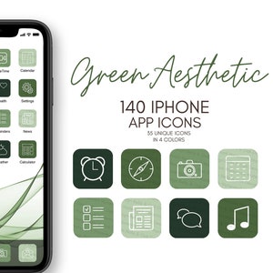 Puede incluir: Un conjunto de 140 iconos de aplicaciones para iPhone verdes y blancos. Los iconos están dispuestos en una cuadrícula sobre un fondo blanco. El texto "Green Aesthetic" y "140 iPhone App Icons" se muestra encima de los iconos. El texto "35 Unique Icons in 4 Colors" se muestra debajo de los iconos.