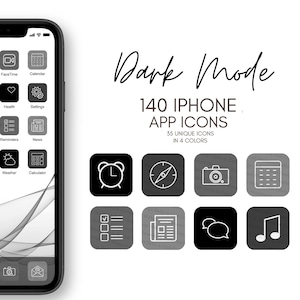 iOS14 App Icons, Black Theme, Dark Mode Icons, 140 Icons (35 Unique Icons Bundle) IOS14 Icon App Cover Template, Black Icon for iPhone, Gray