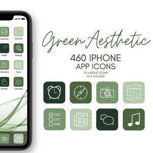 May include: A set of 460 green and white iPhone app icons. The icons are in a grid pattern and feature various app icons, such as a clock, compass, camera, and calendar. The text "Green Aesthetic" and "460 IPHONE APP ICONS" is displayed above the icons. The text "115 UNIQUE ICONS IN 4 COLORS" is displayed below the icons.