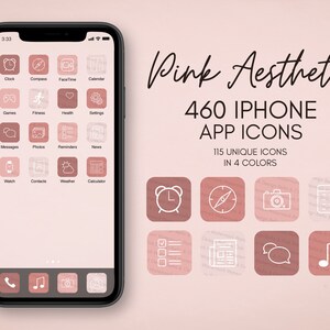 iOS14 App Icons, Pink Theme, 460 Icons (115 Unique Icons Bundle) IOS14 Icon App Covers Template, for iPhone,Pink Rose Mauve Cute Home Screen